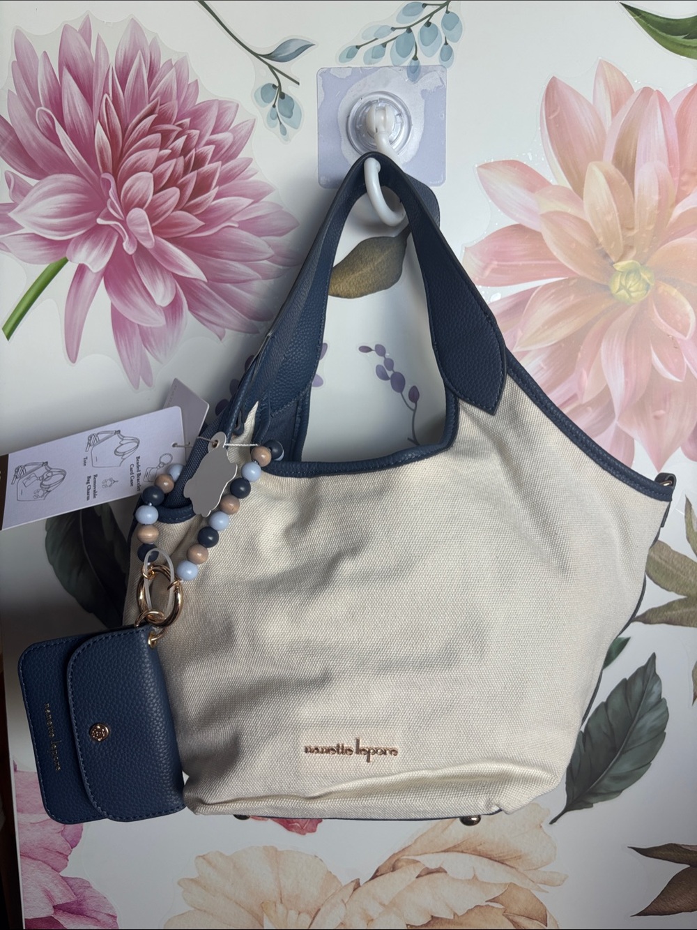 Nanette Lenore Blue Trim Canvas Tote Bag…missing crab removable bag charm